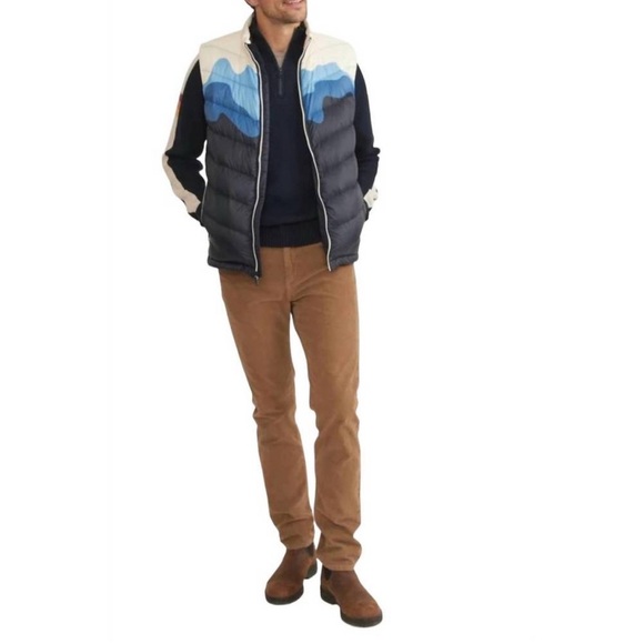 MARINE LAYER archive andes puffer vest in blue mountain scene size small NEW - Picture 2 of 8